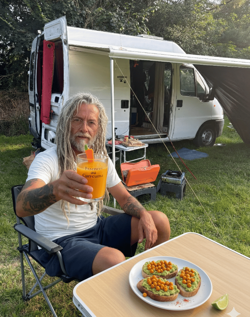 Erik, fondateur d'Essences & Saveurs, savoure un jus sain au curcuma et une tartine à l'avocat.