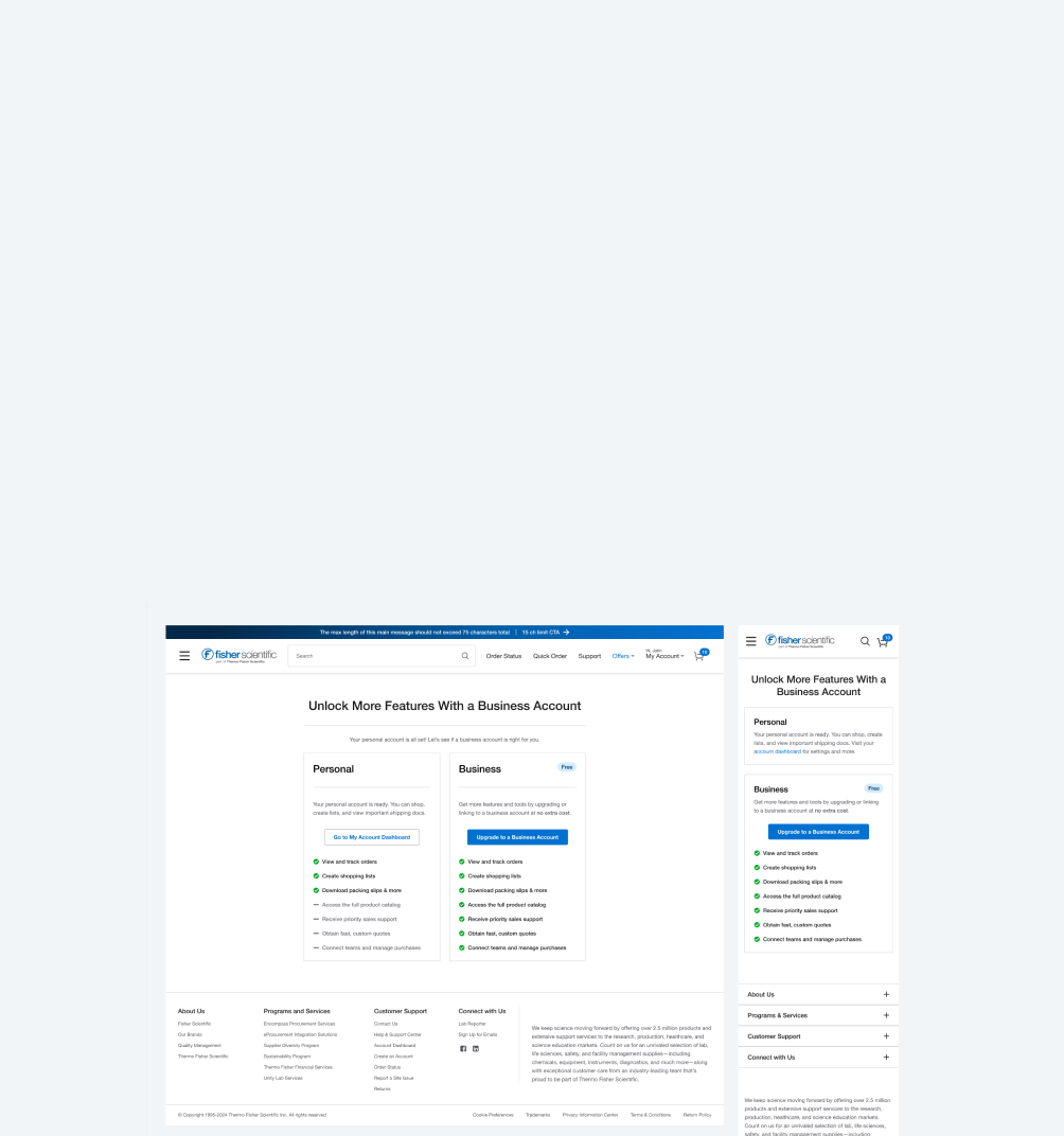 Comparison of Fisher Scientific personal and business account features on desktop and mobile web layouts.