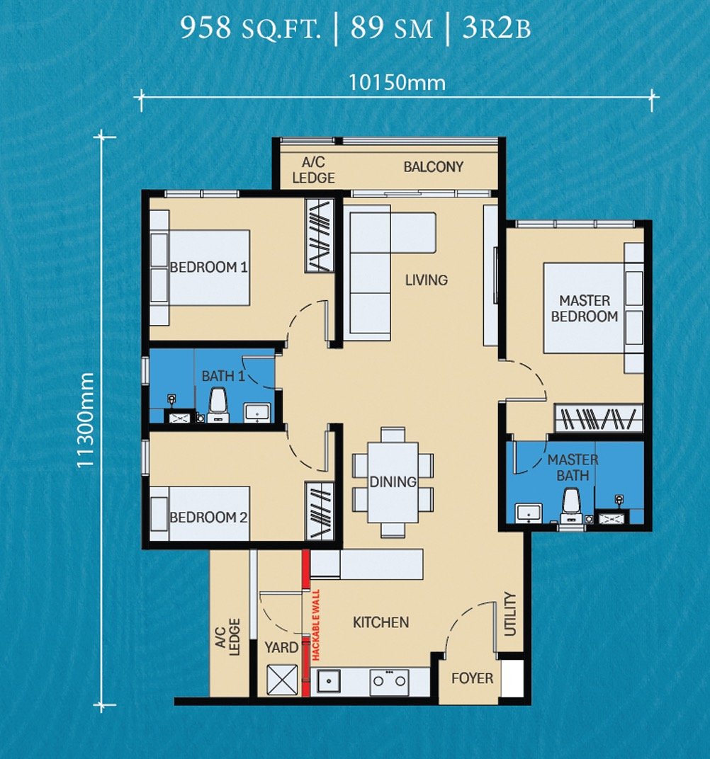 A detailed 958 sq.ft. 3-bedroom apartment floor plan featuring a master bedroom, living area, and kitchen.