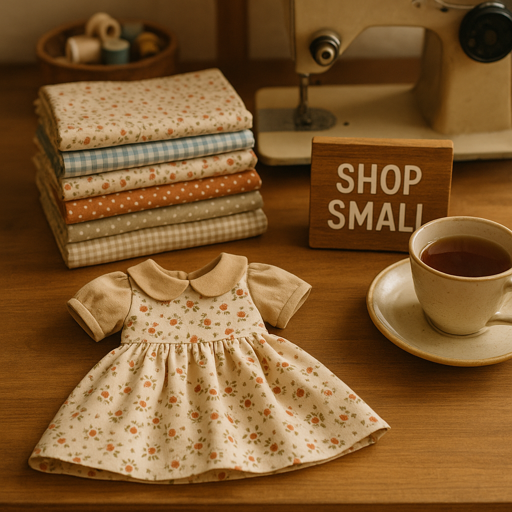 "A cozy sewing room with fabric stacks, a handmade doll dress, a teacup, and a small wooden sign tha