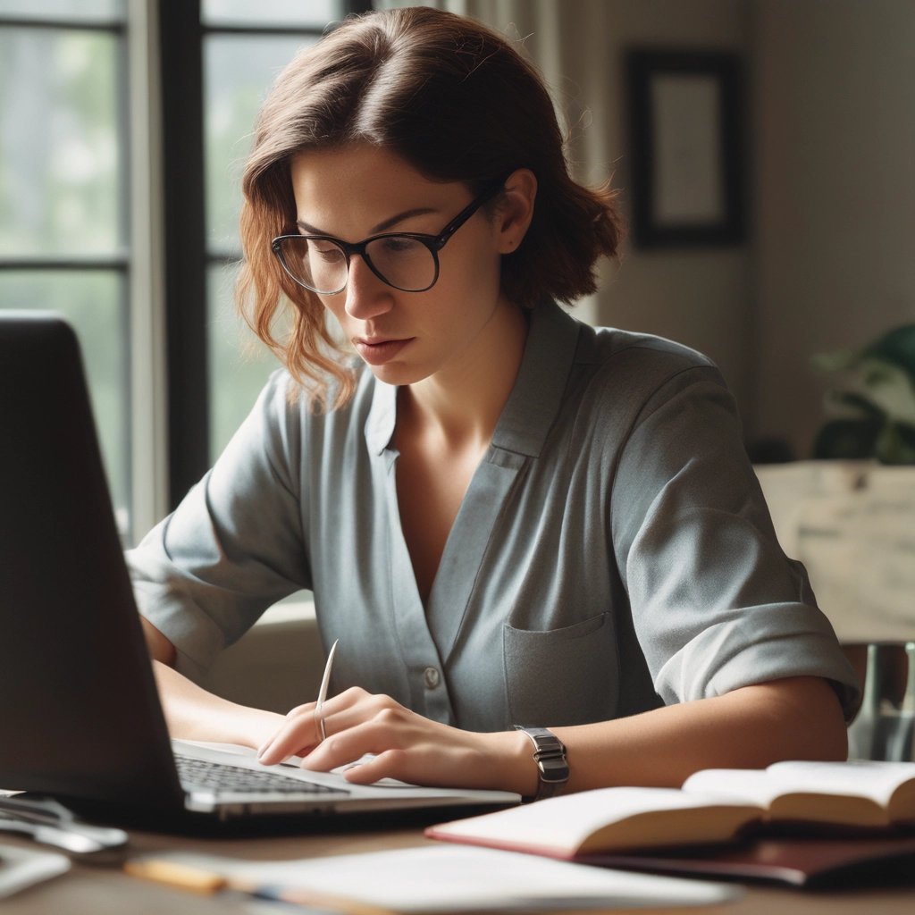 a woman sitting at a desk with a laptop and a notebook