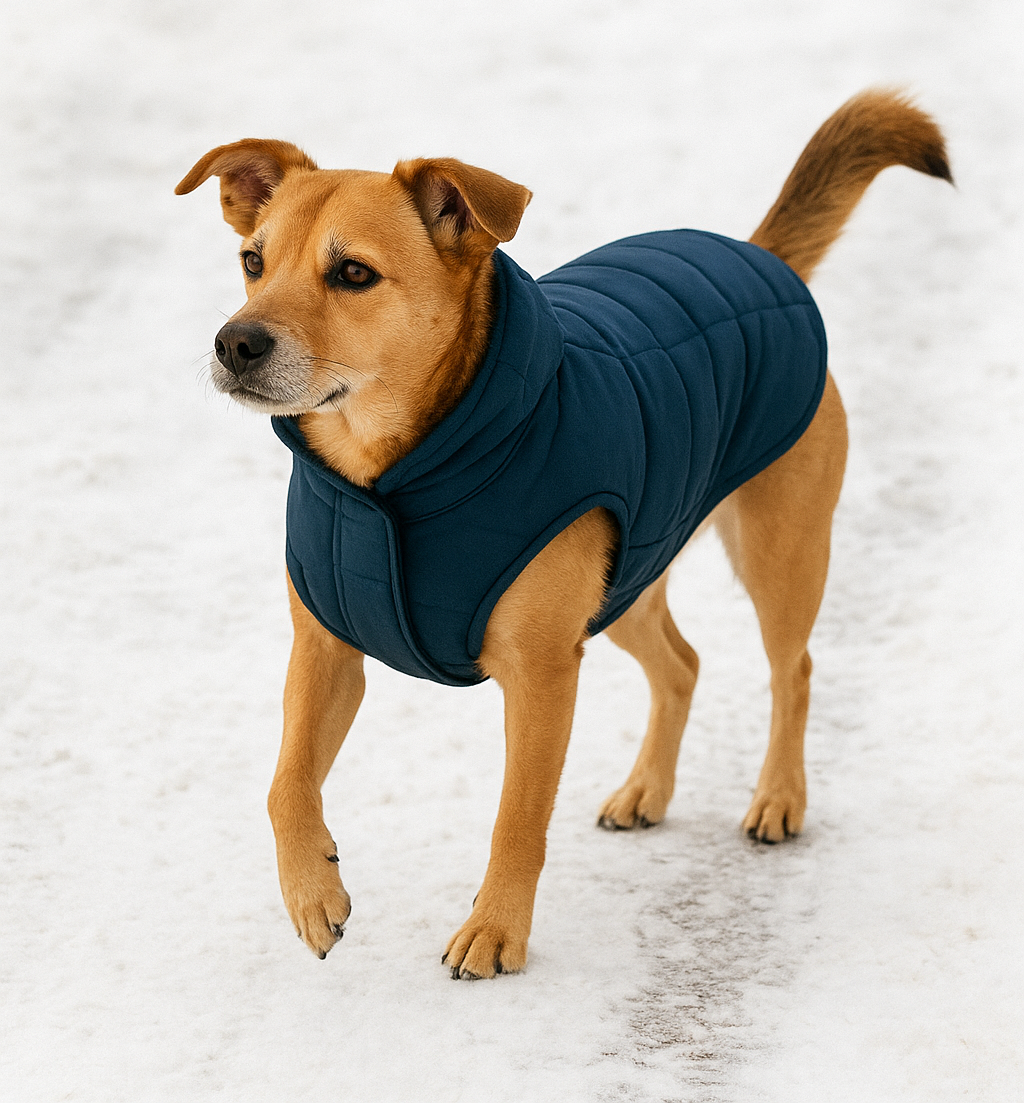 Dog enjoying a winter walk with a coat on a snowy sidewalk
