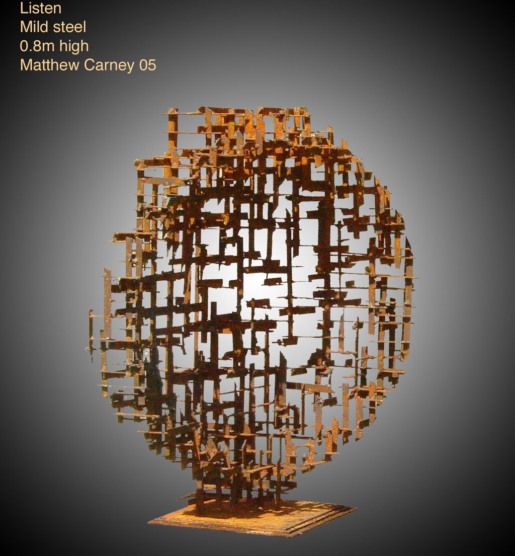 a rusted steel cross-hatched circle sculpture  