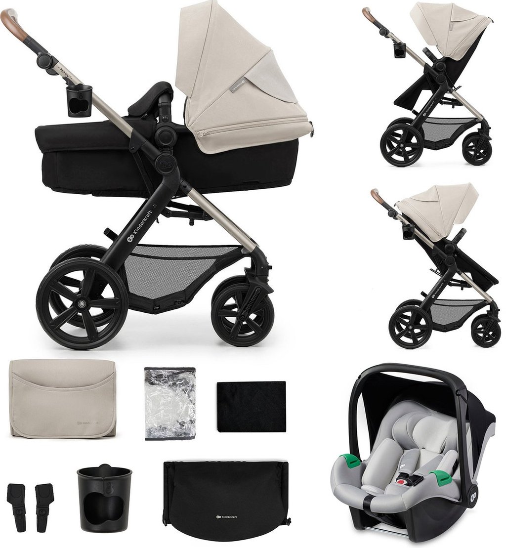 Complete 3-in-1 kinderwagen set met reiswieg, wandelwagenzitje en stevige wielen.