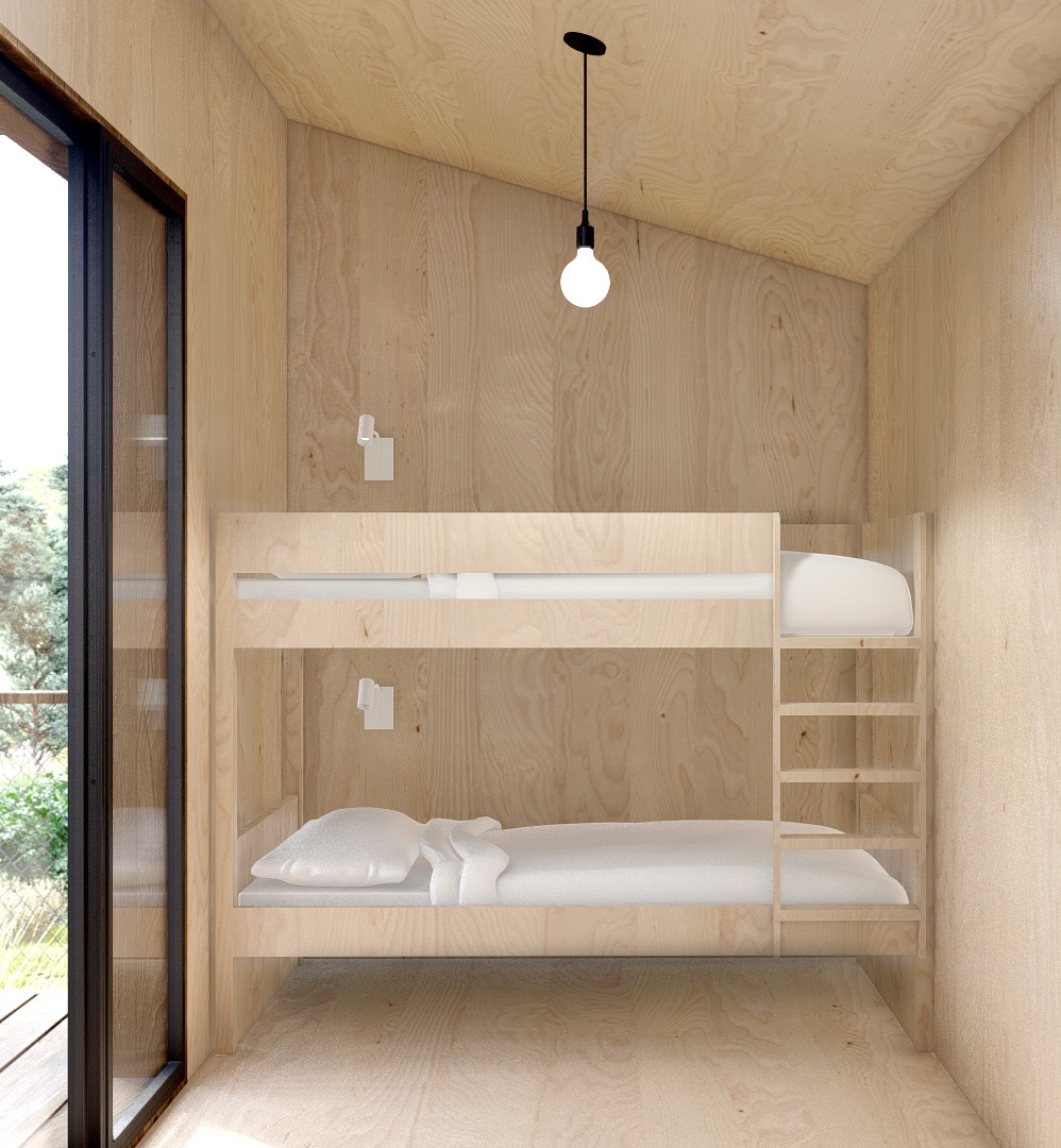 a bunk bed with a bunk bed and a light bulb