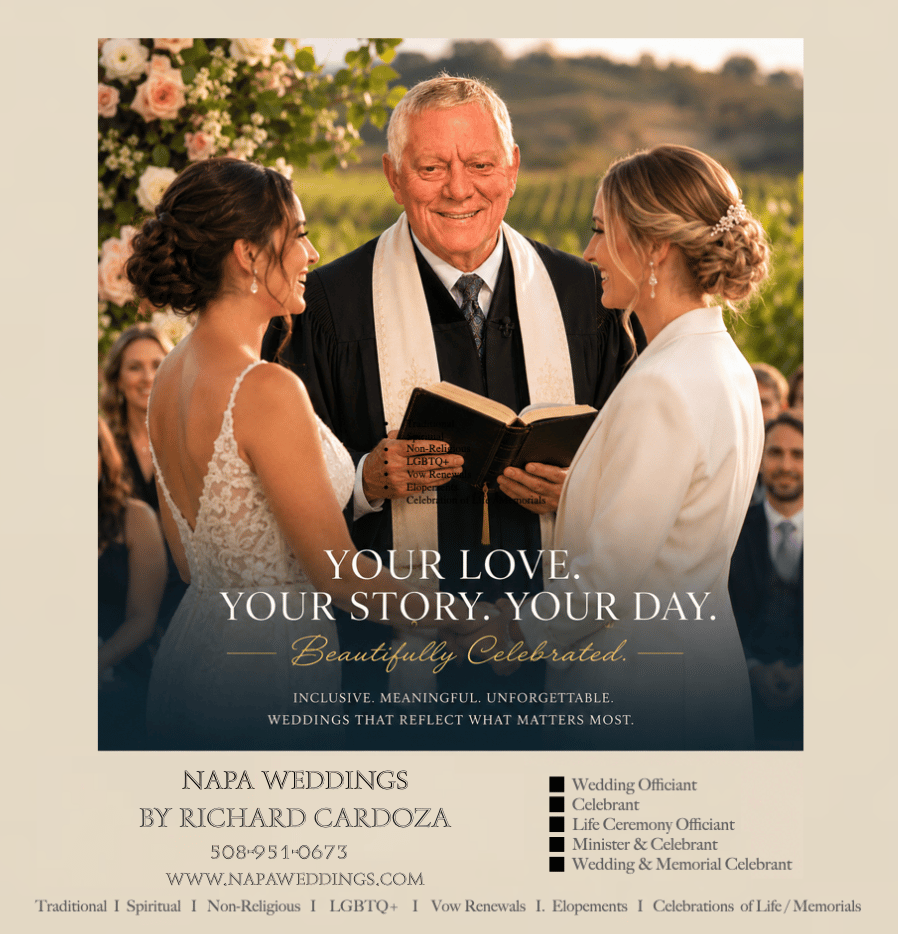 A wedding officiant performs a Napa valley outdoor ceremony for a diverse couple.