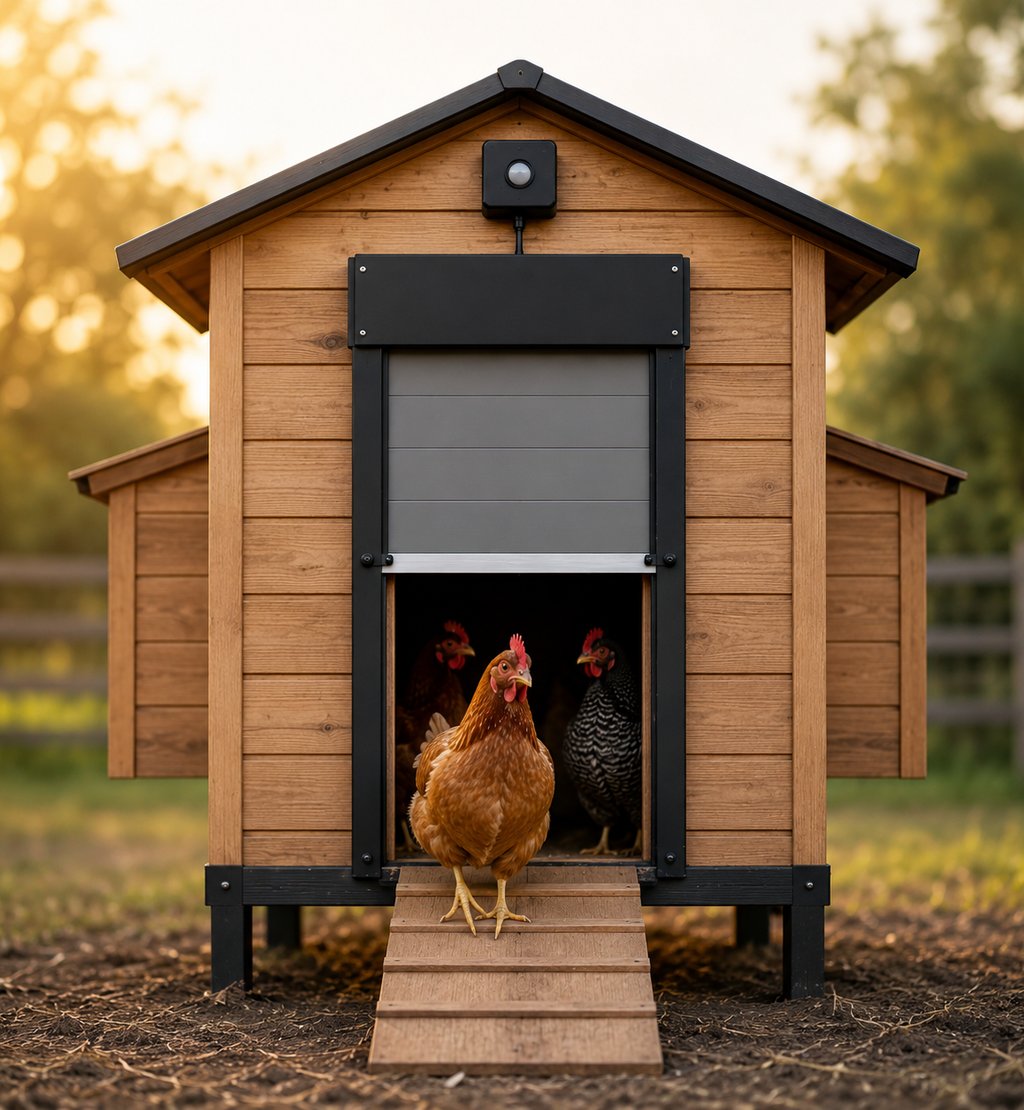 A brown chicken standing on a wooden ramp of a modern automatic chicken coop with a solar sensor.