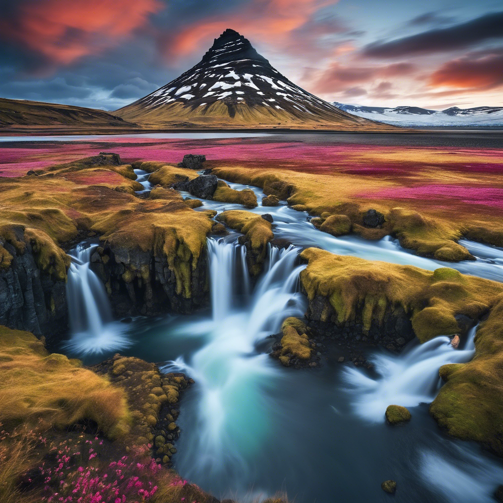a mountain stream running through a valley with a mountain in the background
