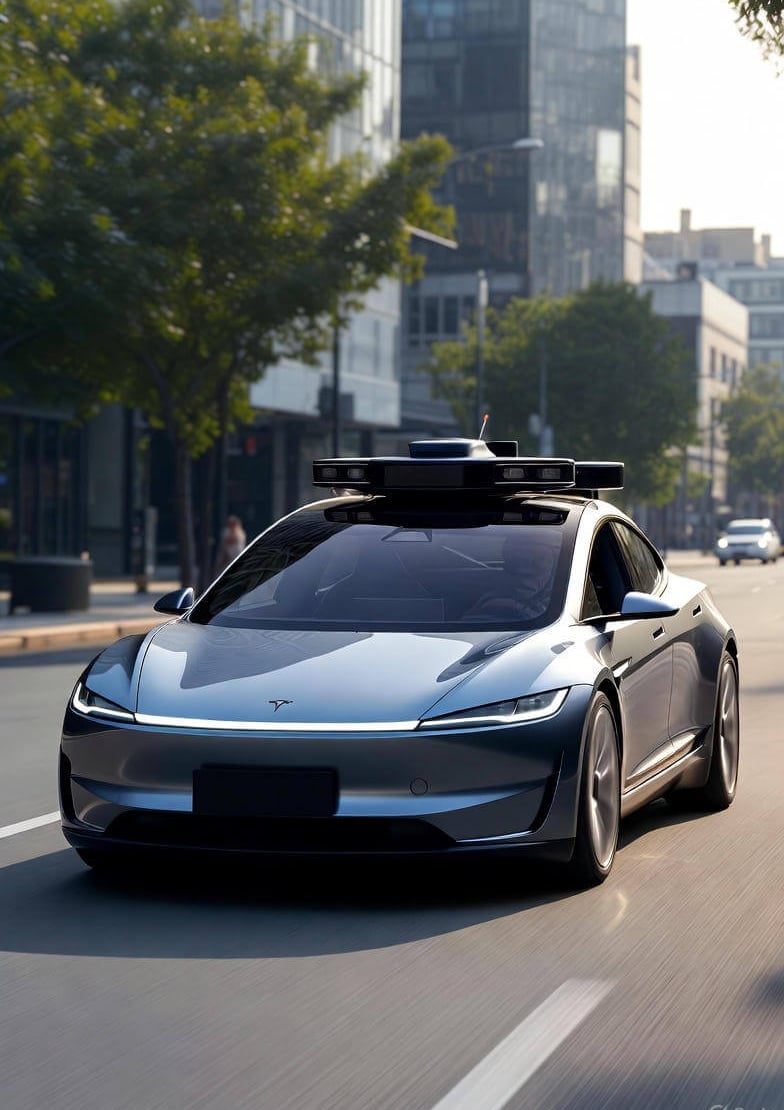 Tesla self-driving car with advanced camera array cruising through a modern city, showcasing FSD v13