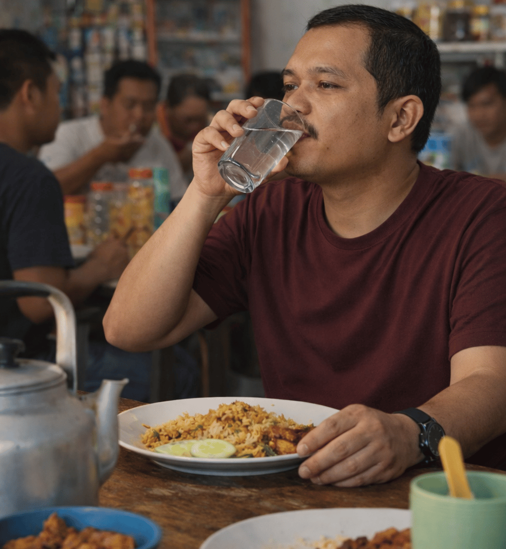 poto armando sedang minum dicela saat makan siang di warung makan sederhana