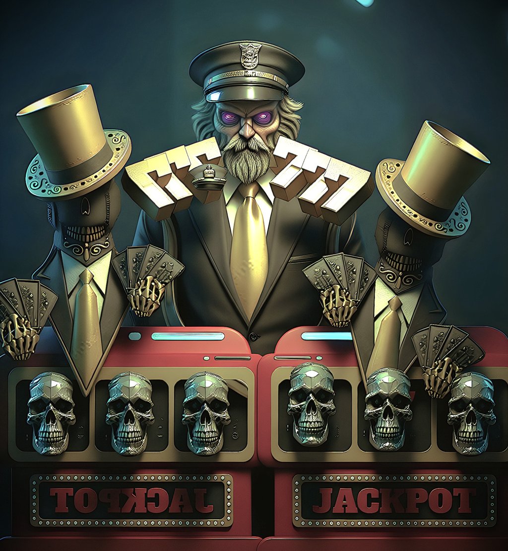 Are online slots rigged, CasinoCop owl sheriff holding 777 symbols above skull slot reels