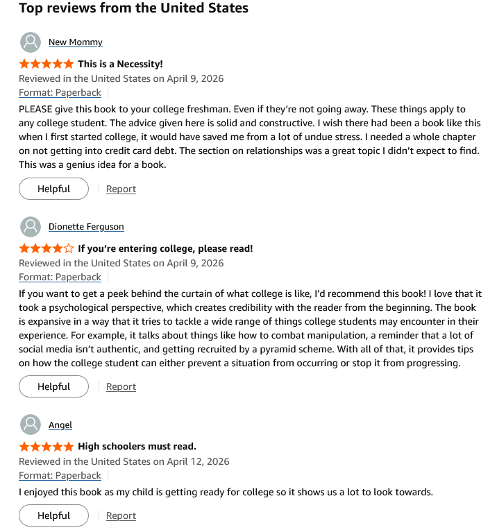 Customer reviews of a college prep book for freshmen, featuring five-star ratings and positive feedback.