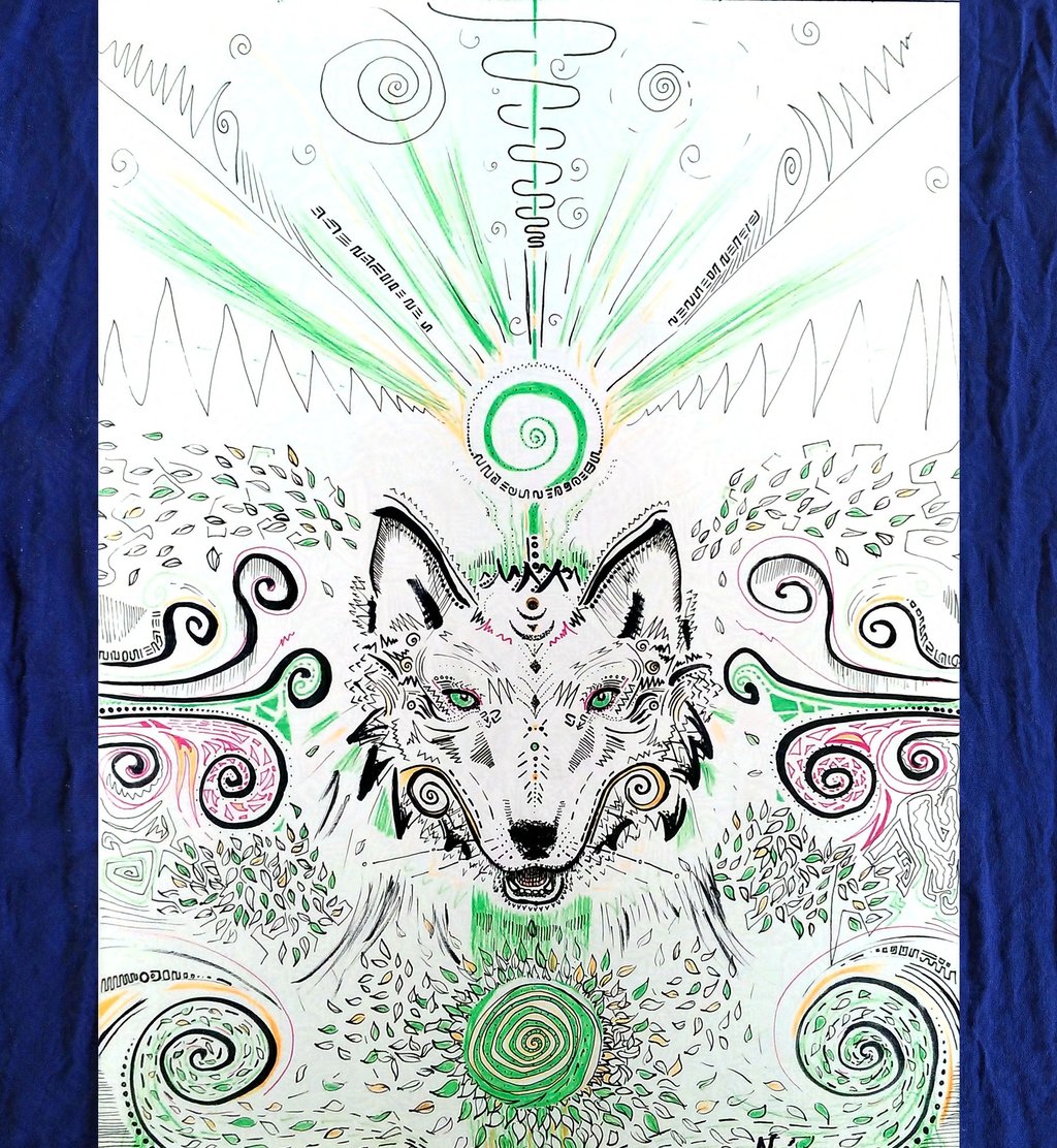 illustration aux feutres fins représentant un loup ou un renard, avec des formes psychédéliues végétales