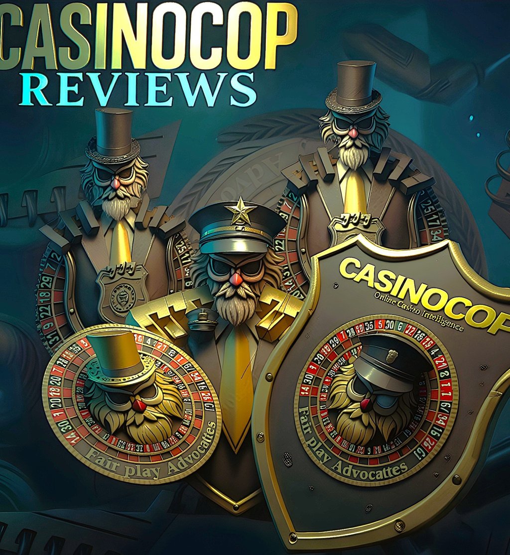 CasinoCop Reviews luxury casino intelligence shield logos with fair play roulette branding