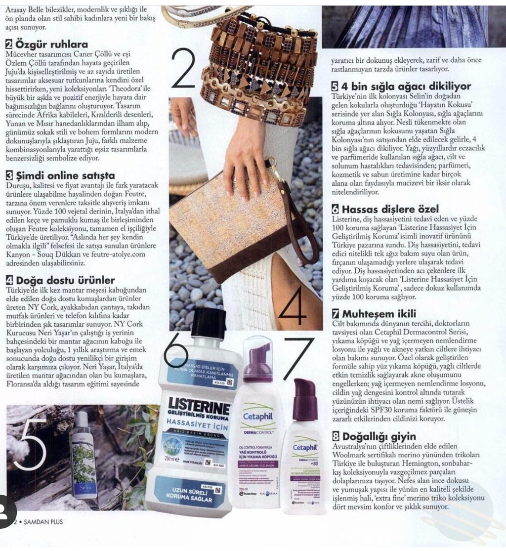 A Turkish lifestyle magazine page featuring product reviews for Listerine mouthwash and Cetaphil skincare products.