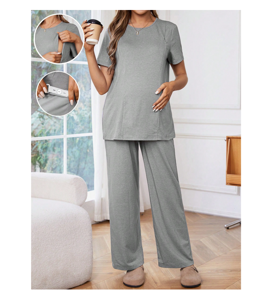 Grey maternity short sleeve breastfeeding top with matching adjustable pants – soft knit, nursing
