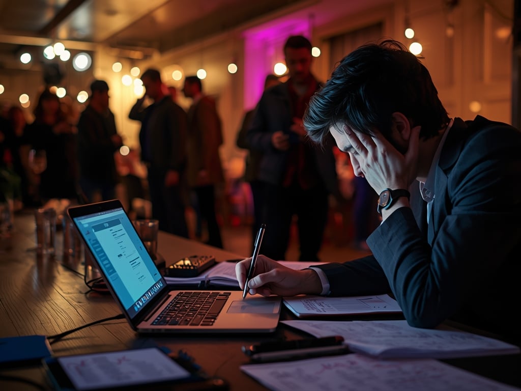 Pessoa organizando evento com stress e vários elementos espalhados