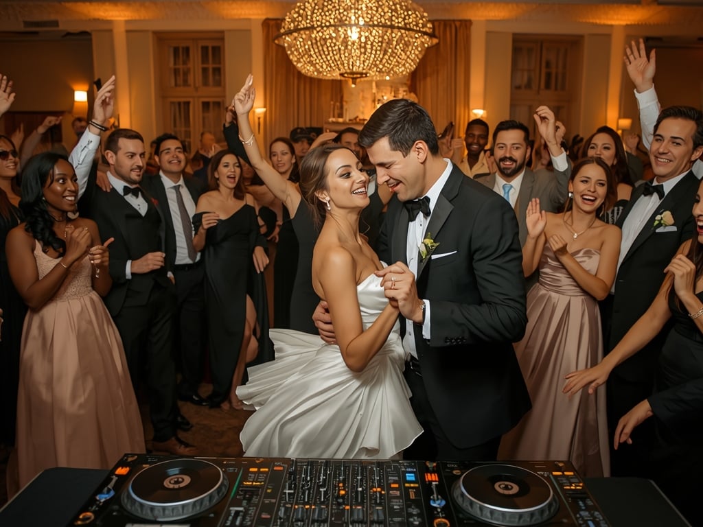 DJ para casamento no Porto animando pista com noivos e convidados dançando