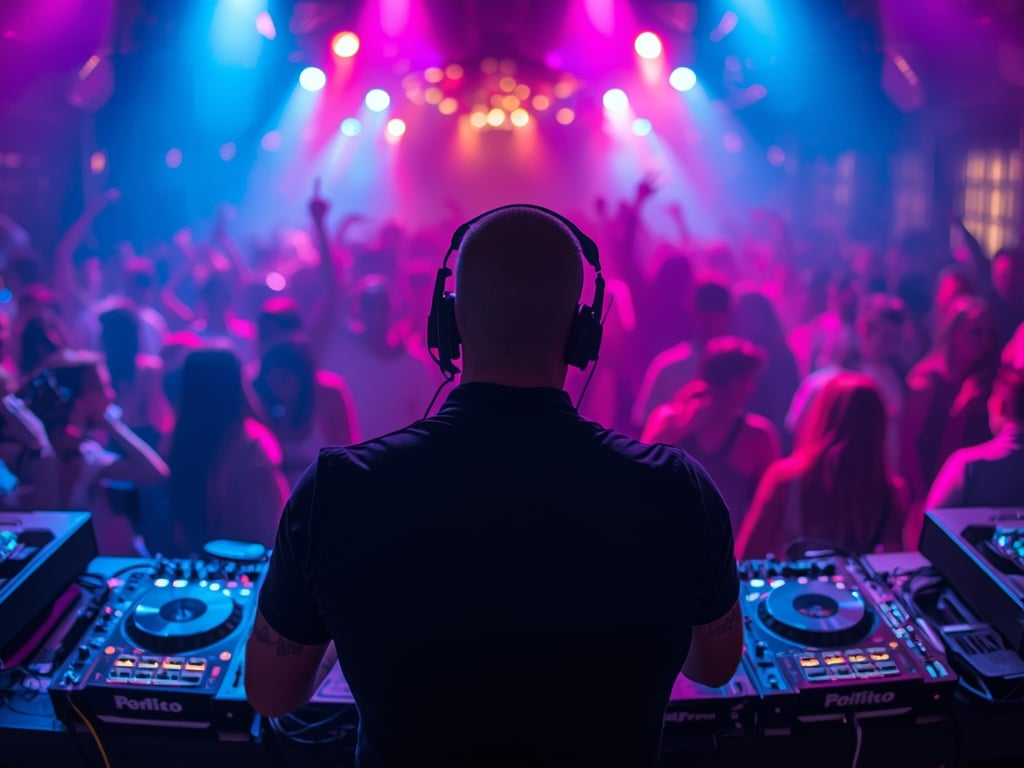 DJ para festas no Porto animando pista cheia com iluminação colorida e público dançando