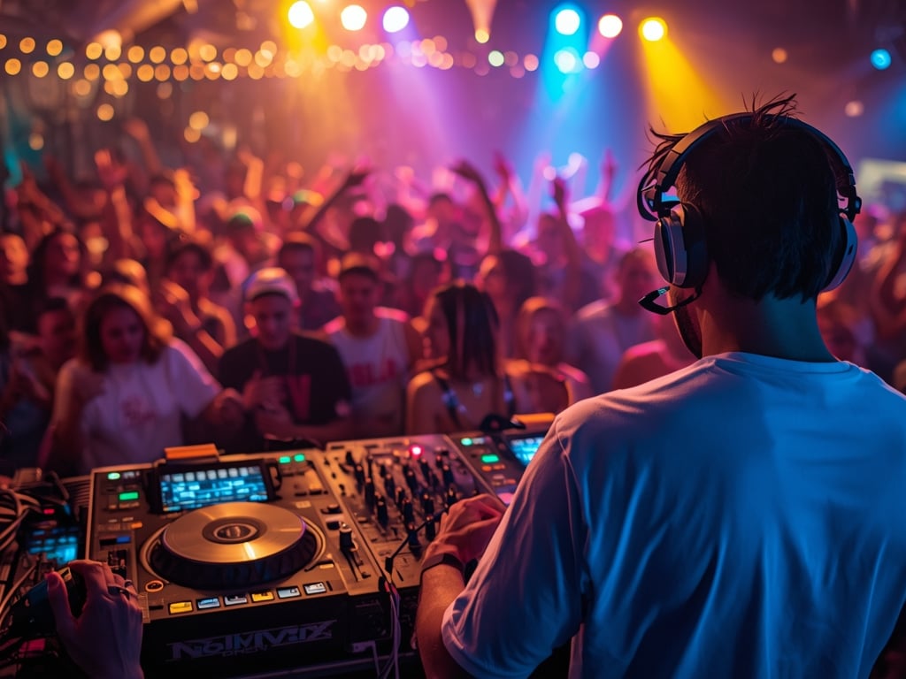 DJ no Porto animando festa com pista cheia e iluminação vibrante