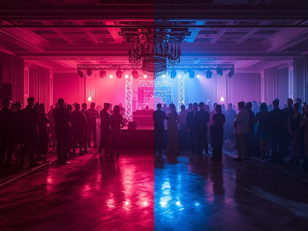 Comparação entre festa luxuosa vazia e festa simples cheia