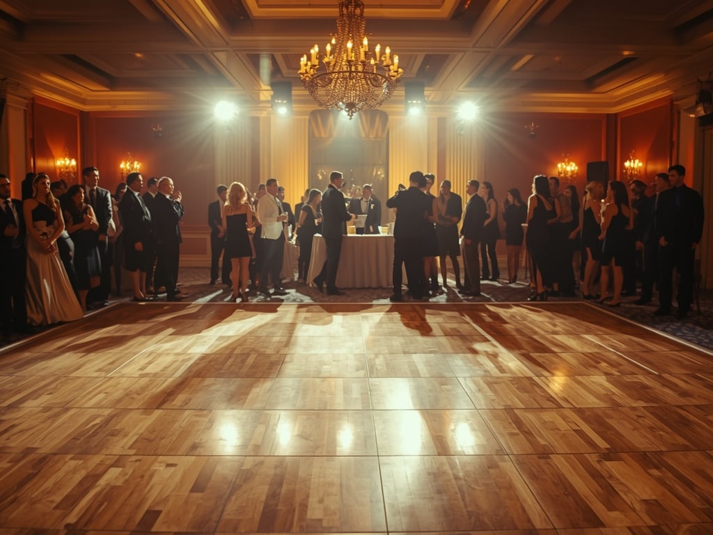 Festa com pista vazia e convidados desanimados em ambiente elegante