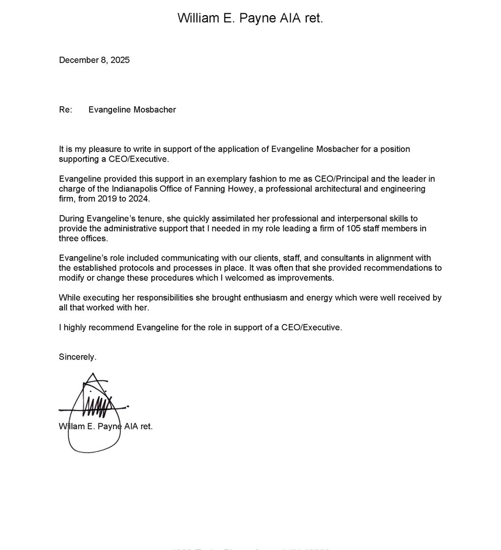 An image showing a letter of recommendation from William E. Payne, AIA ret. in support of Evangeline