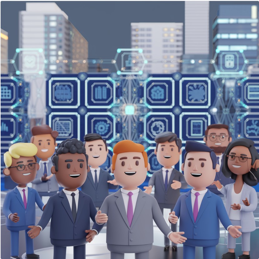 a group of people standing in front of a cityscapeople