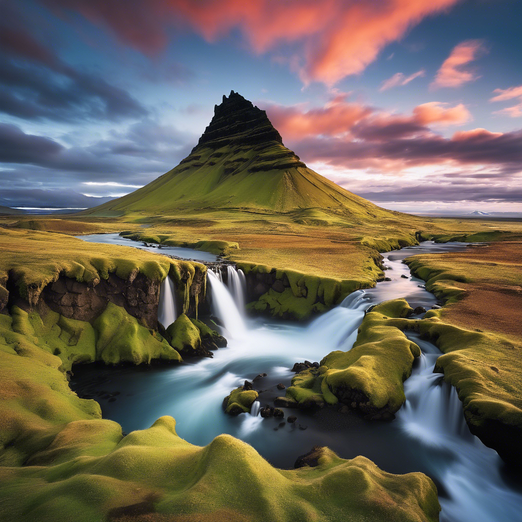 a mountain stream running through a valley with a mountain in the background