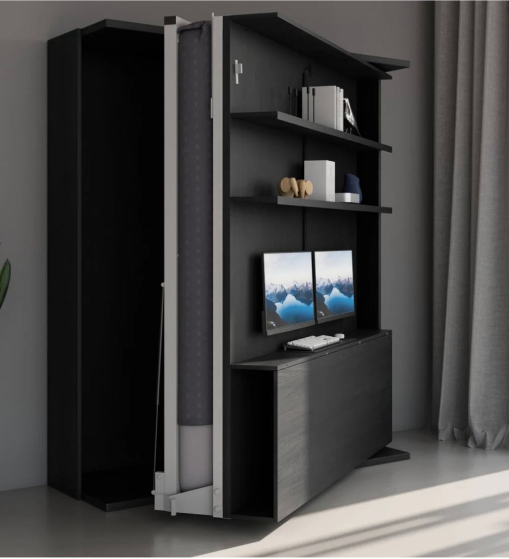 Converting bookshelf with up fold desk turns into a rotating Murphy bed