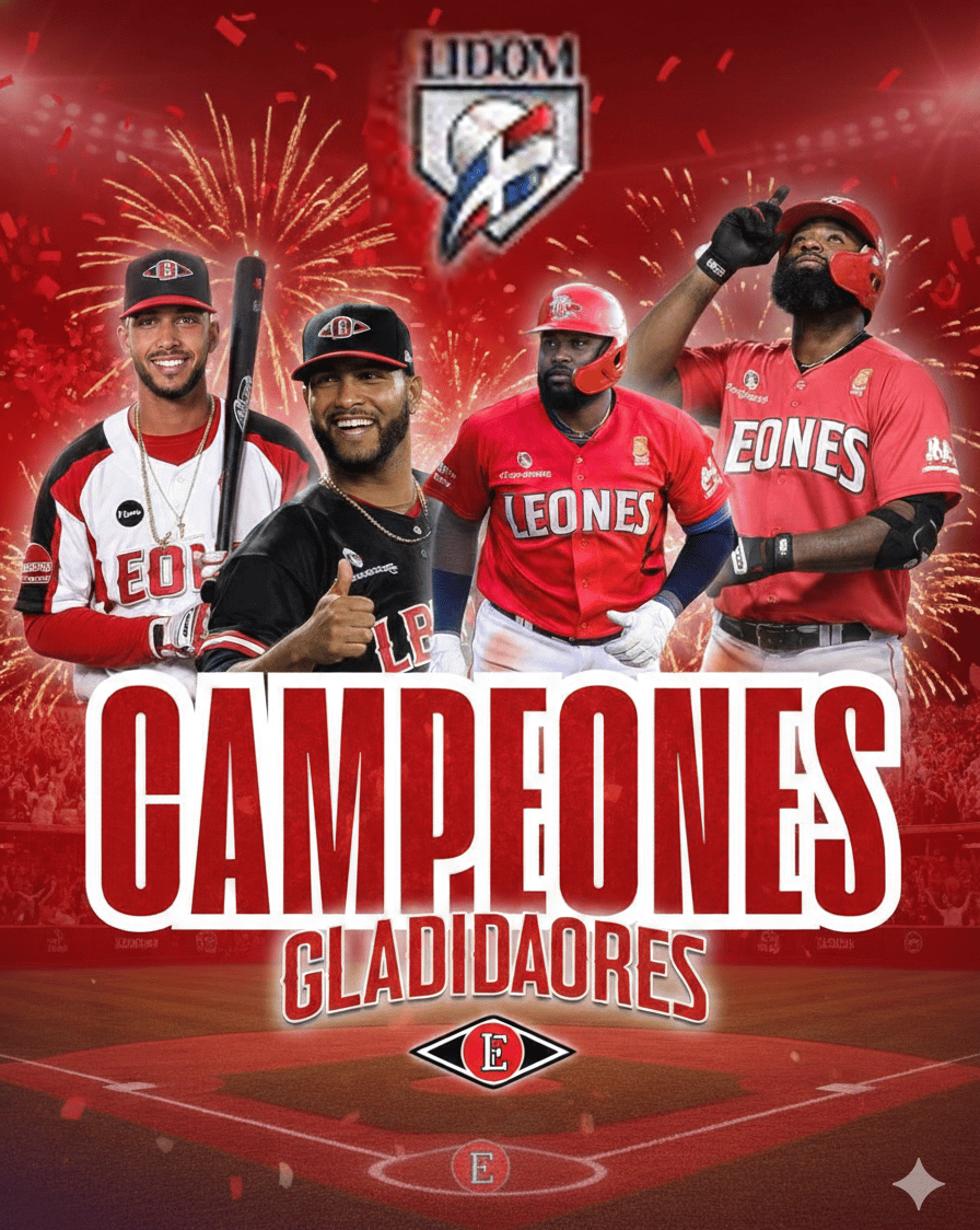Leones del Escogido baseball players celebrate a championship title with fireworks and LIDOM logos.