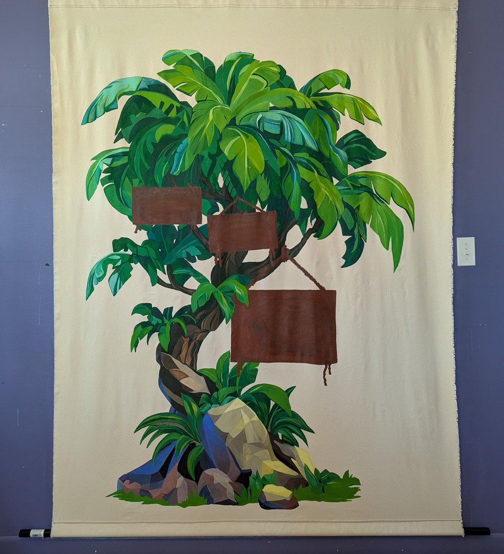 Large linen canvas tapestry mural of greens, browns, greys, blues and yellows.