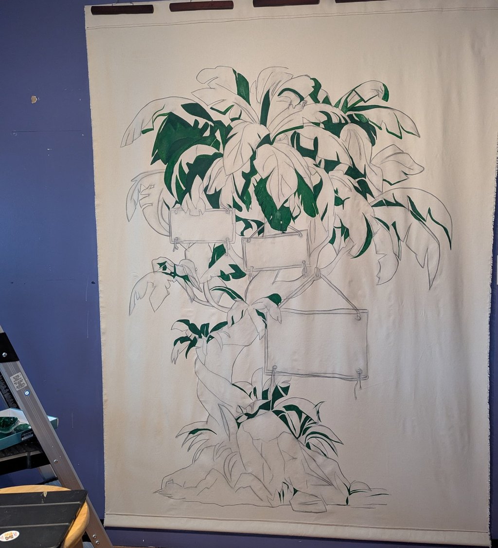 The darkest of the greens are laid in to define depth of the tapestry mural painting.