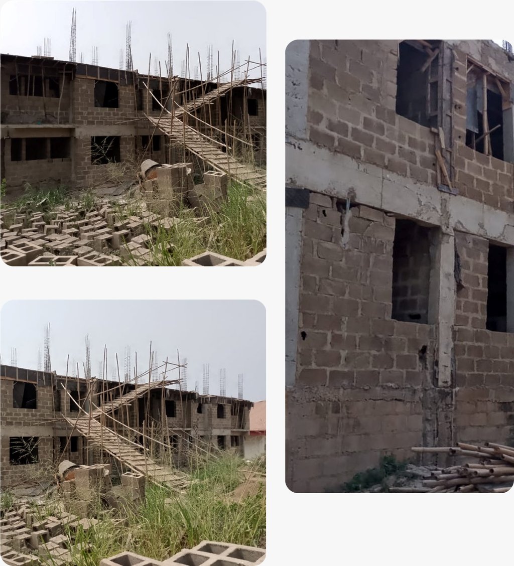 Multi-story concrete block residential building under construction with bamboo scaffolding and masonry supplies.
