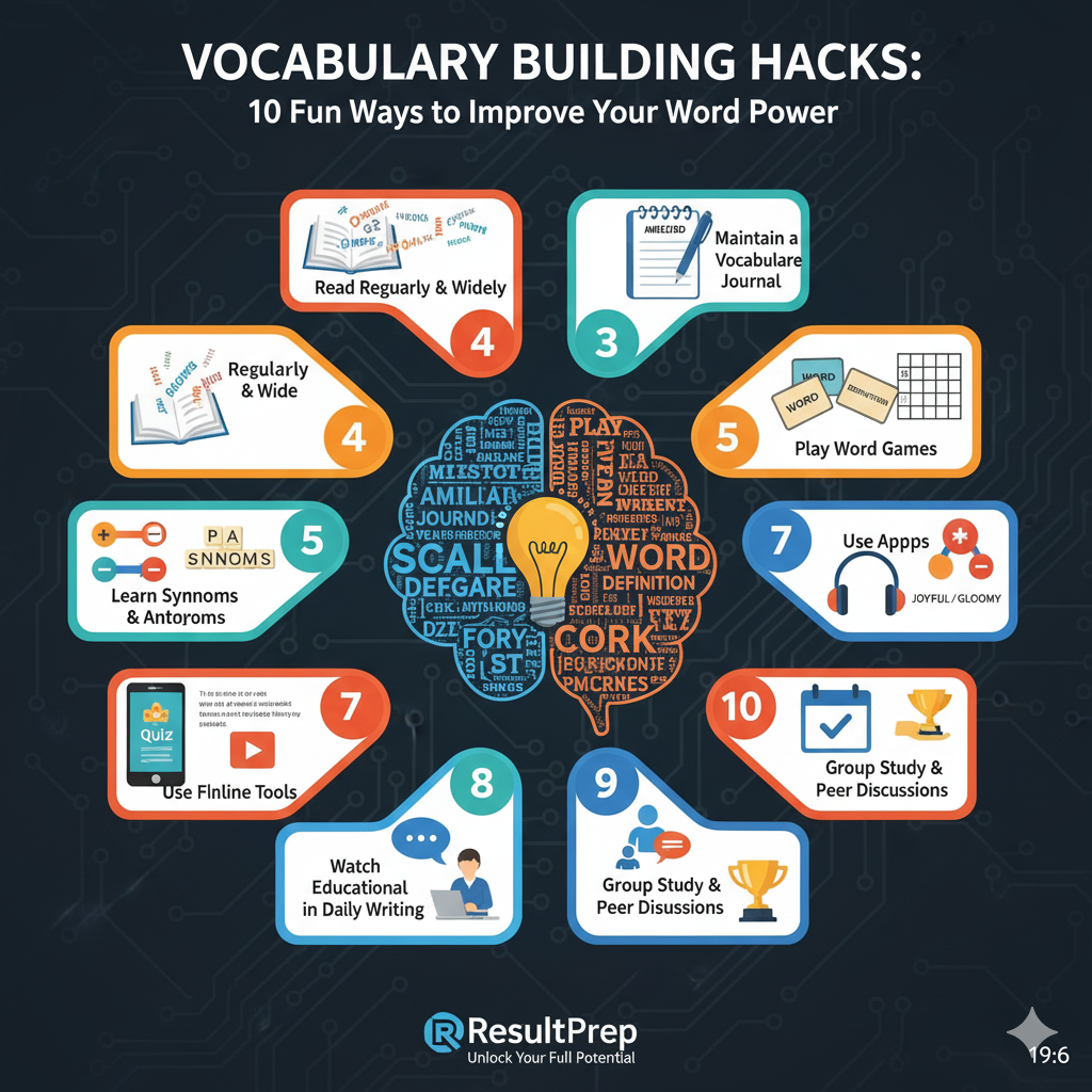 A vibrant conceptual illustration showing various vocabulary building hacks. It features a central l