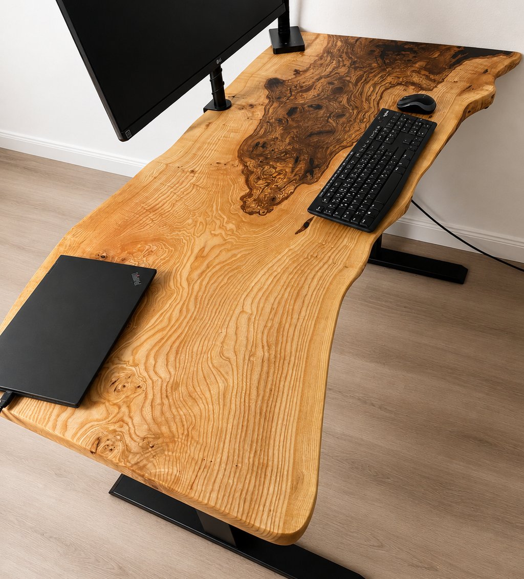 Höhenverstellbarer Live Edge Schreibtisch aus einer massiven Bohle,natürlicher Baumkante, Unikat