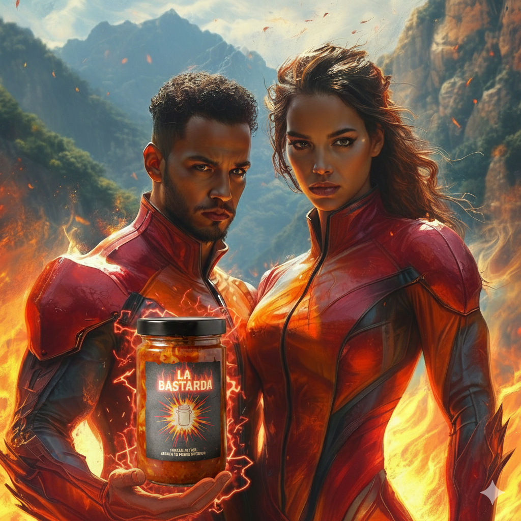 Dos Super Heroes sostienen el tarro de fermento de La bastarda .
