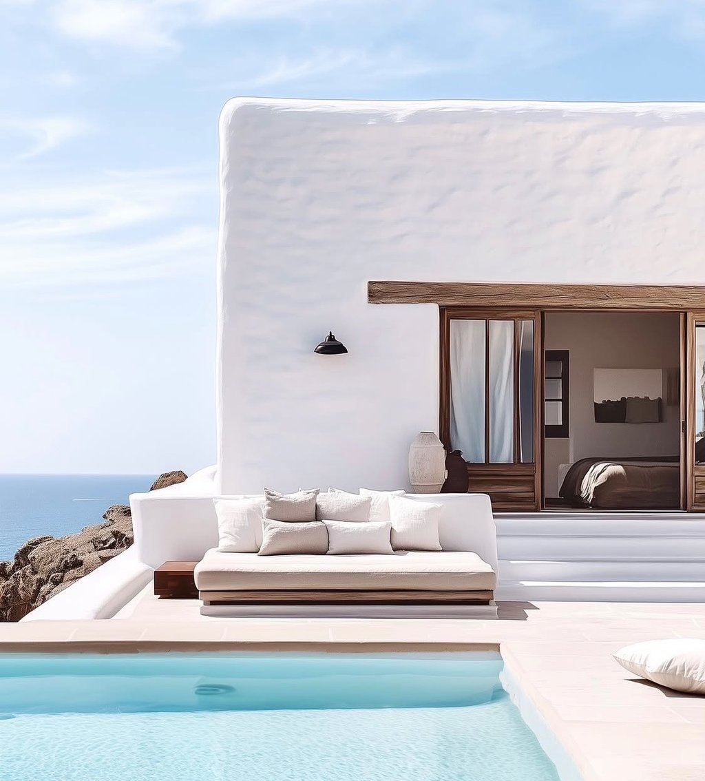 Luxury Mediterranean villa with white stucco walls, an outdoor daybed, and a private infinity pool overlooking the ocean.