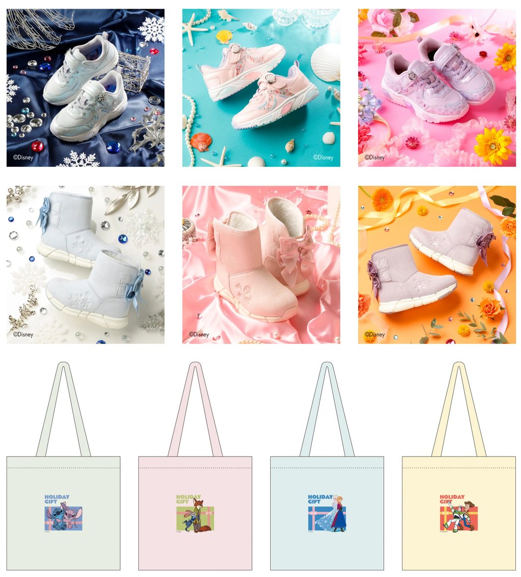 ディズニーデザインのキッズスニーカーとブーツ各色とHOLIDAY GIFTトートバッグ4種の掲載画像｜堺市のニュースならサカイタイムズ