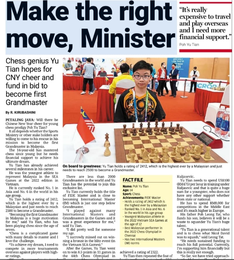 Make the right move, Minister! Malaysia Chess News. Poh Yu Tian. The Star Chess
