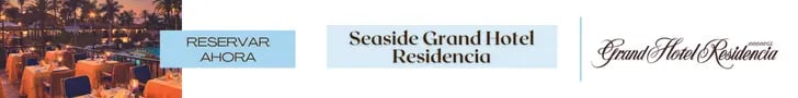 Seaside Grand Hotel Residencia banner featuring an outdoor luxury dining terrace and booking logo.