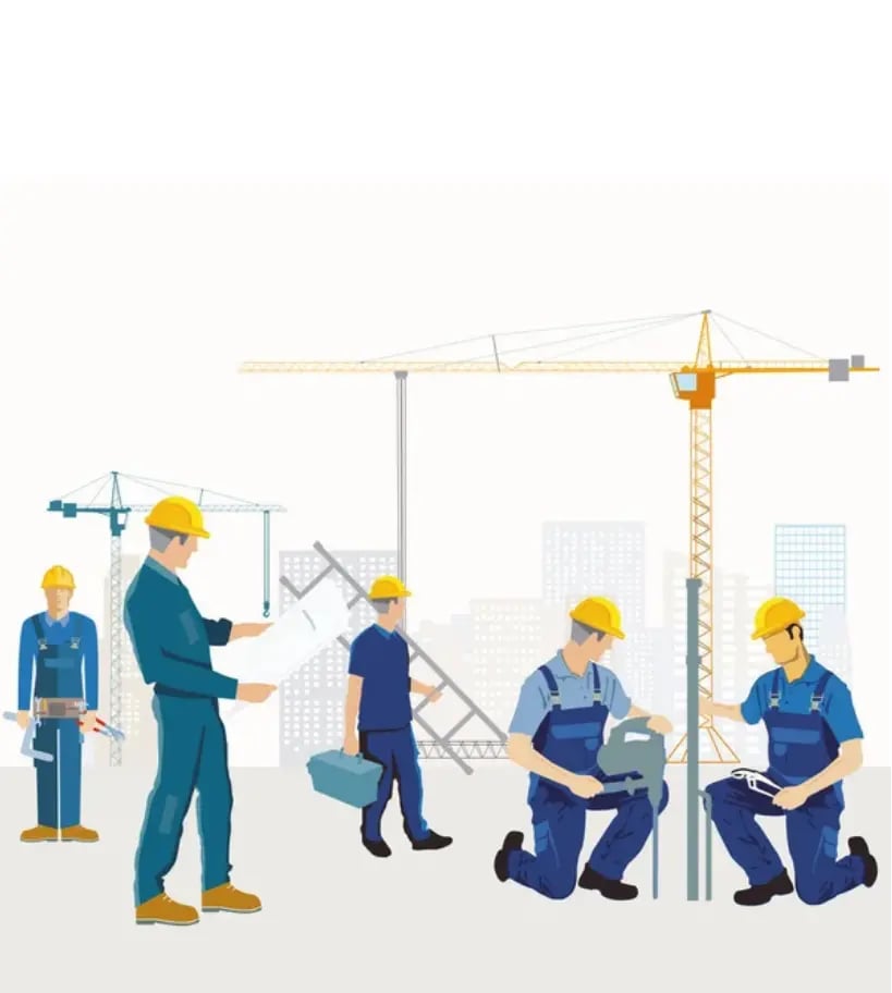 Illustration d’ouvriers du bâtiment travaillant sur un chantier avec grues et outils