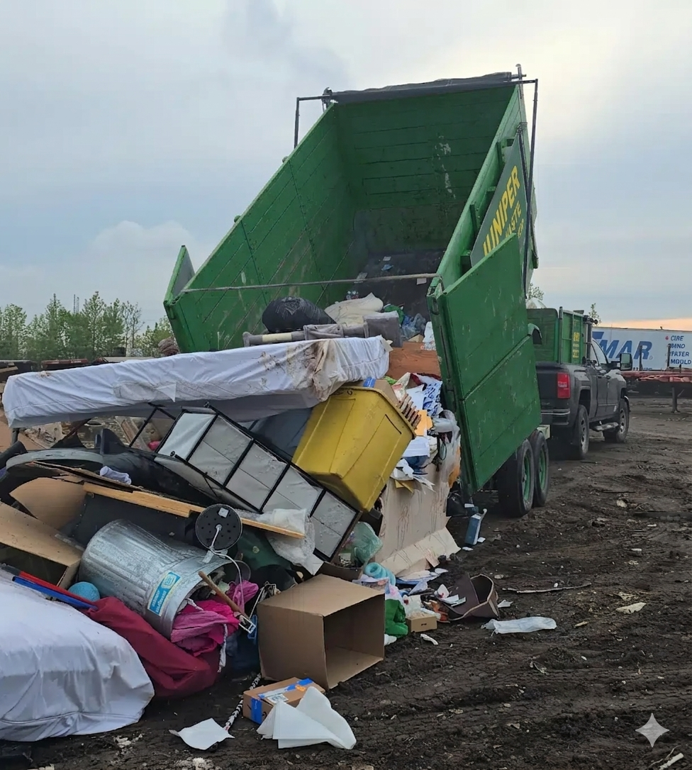 A green dumpster rental trailer unloading bulk junk, mattresses, and household waste at a landfill.