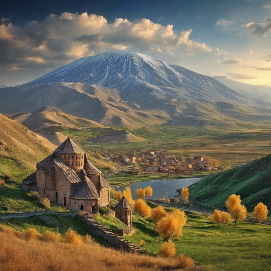 a mountain scene with a church and a mountain in the background