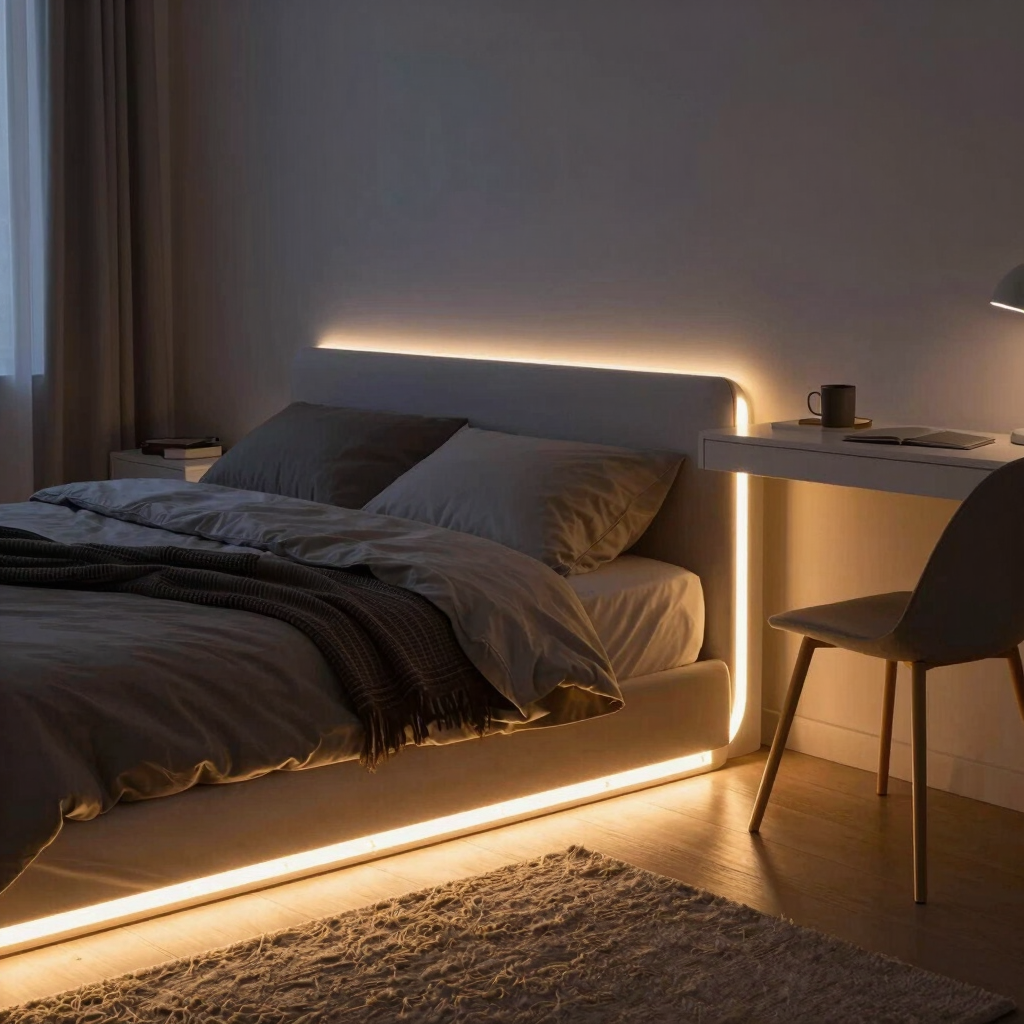 LED strips under bed and desk creating modern mood lighting