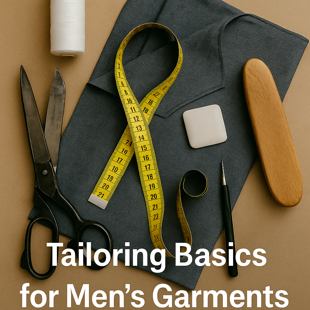 Tailoring tools beside men’s shirt fabric, measuring tape, and chalk.