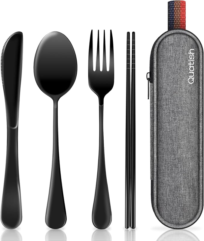 Quatish reusable travel utensils set with case, stainless steel fork and spoon neatly stored in a co