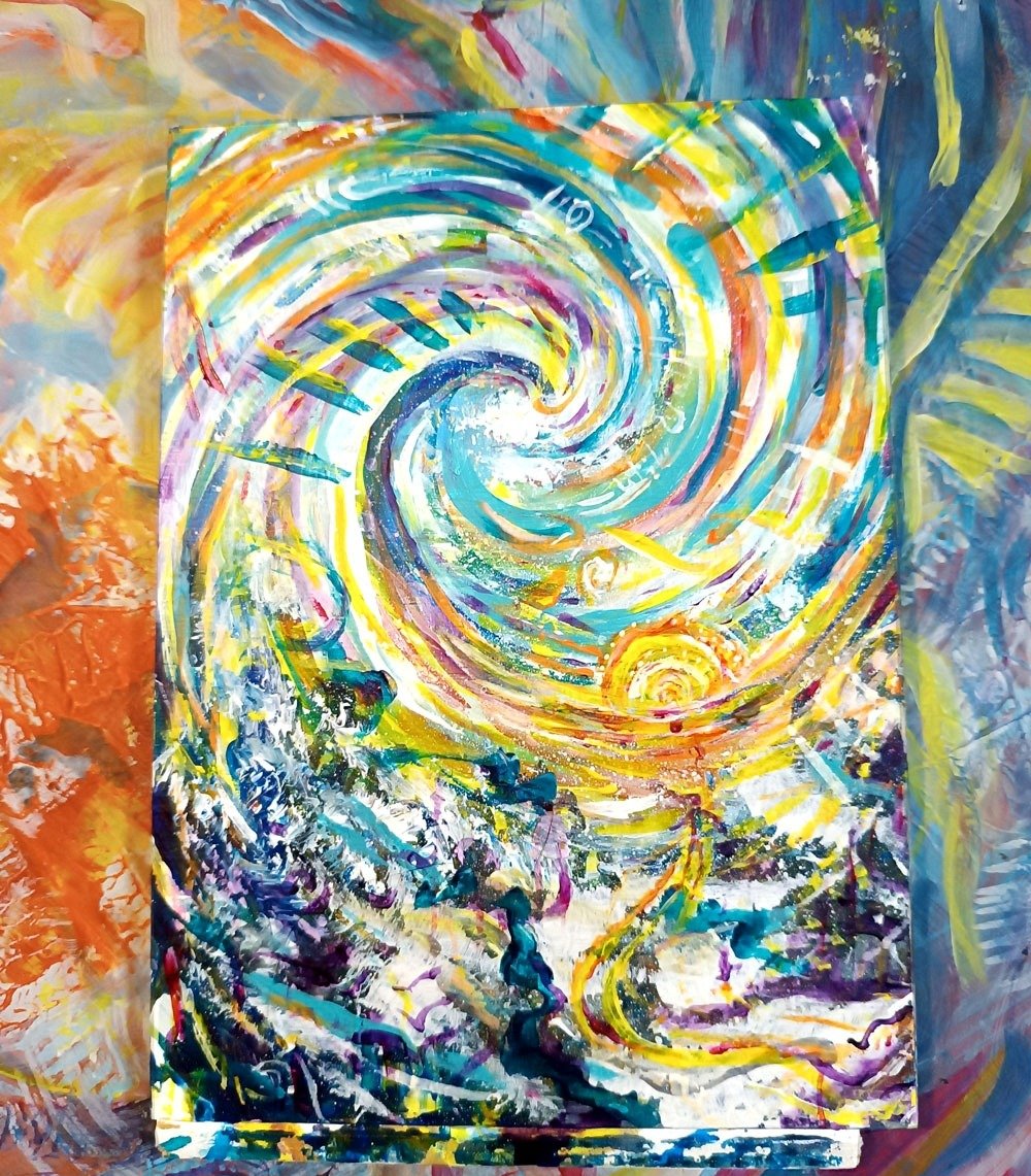 peinture acrylique aux couleurs vives représentant un paysage montagneux enneigé au style psychédélique et abstrait