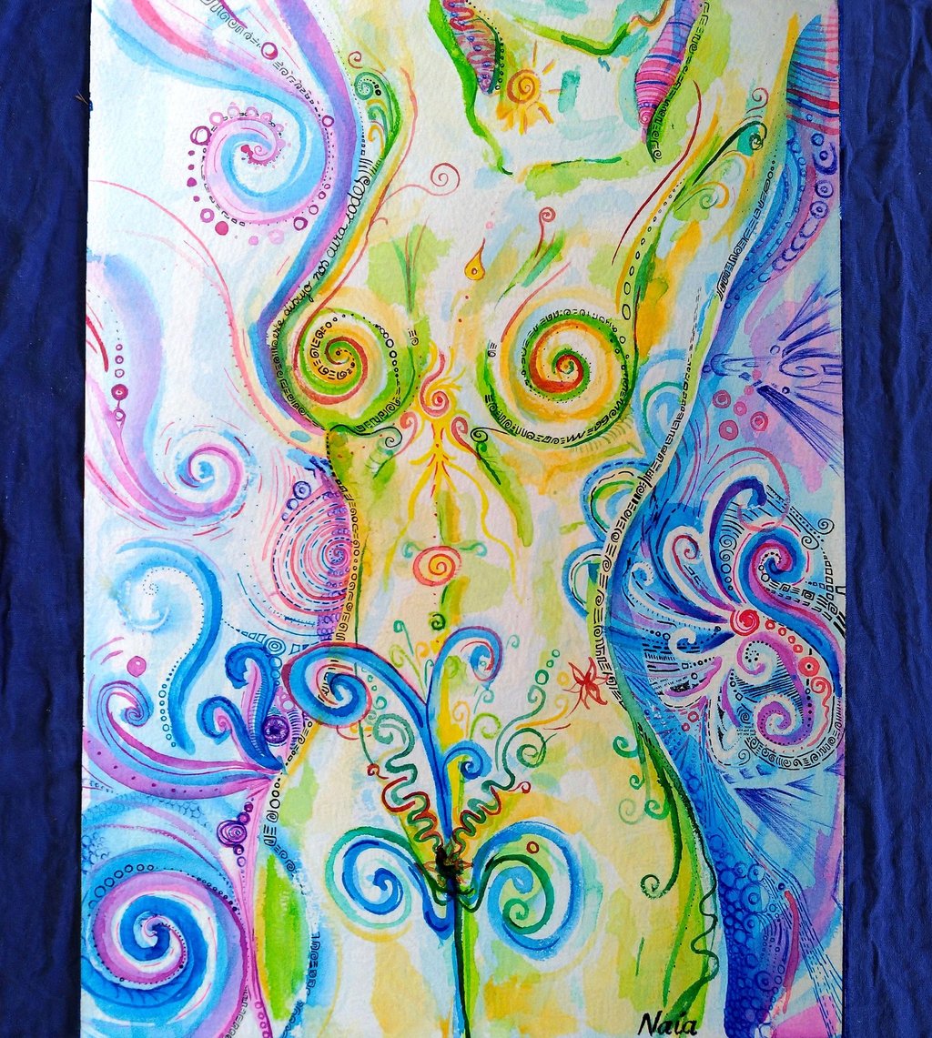 aquarelle représentant un corps à la limite du concret, vibrant et joyeux; Couleurs vers, bleus et violets.