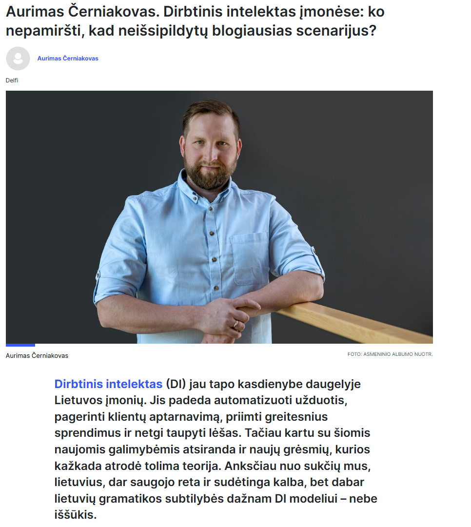 Dirbtinis intelektas (DI) jau tapo kasdienybe daugelyje Lietuvos įmonių. Jis padeda automatizuoti už